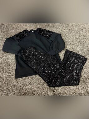 Black Sequin Wide-Leg Pants and Sweater Set for Women XS